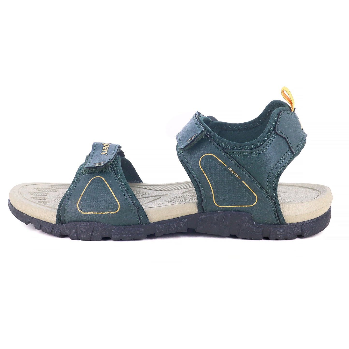 Left side zoom Image of Beautiful and attractive Sandals for Men with white background and clear visibility.  With Yellow X (Sparx) logo visible on it. 