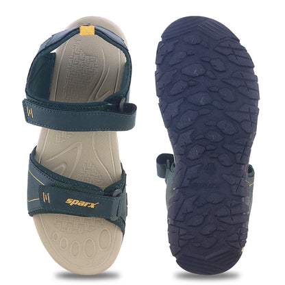 Front and back side with non slip grip Image of Beautiful and attractive Sandals for Men with white background and clear visibility.  With Yellow X (Sparx) logo visible on it. 