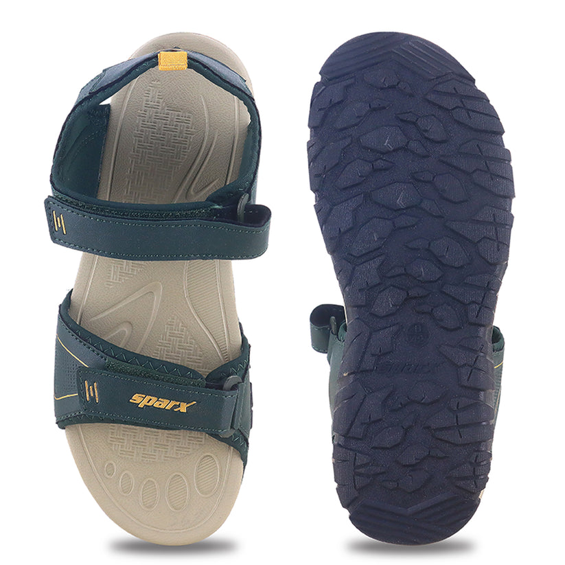 Front and back side with non slip grip Image of Beautiful and attractive Sandals for Men with white background and clear visibility.  With Yellow X (Sparx) logo visible on it. 