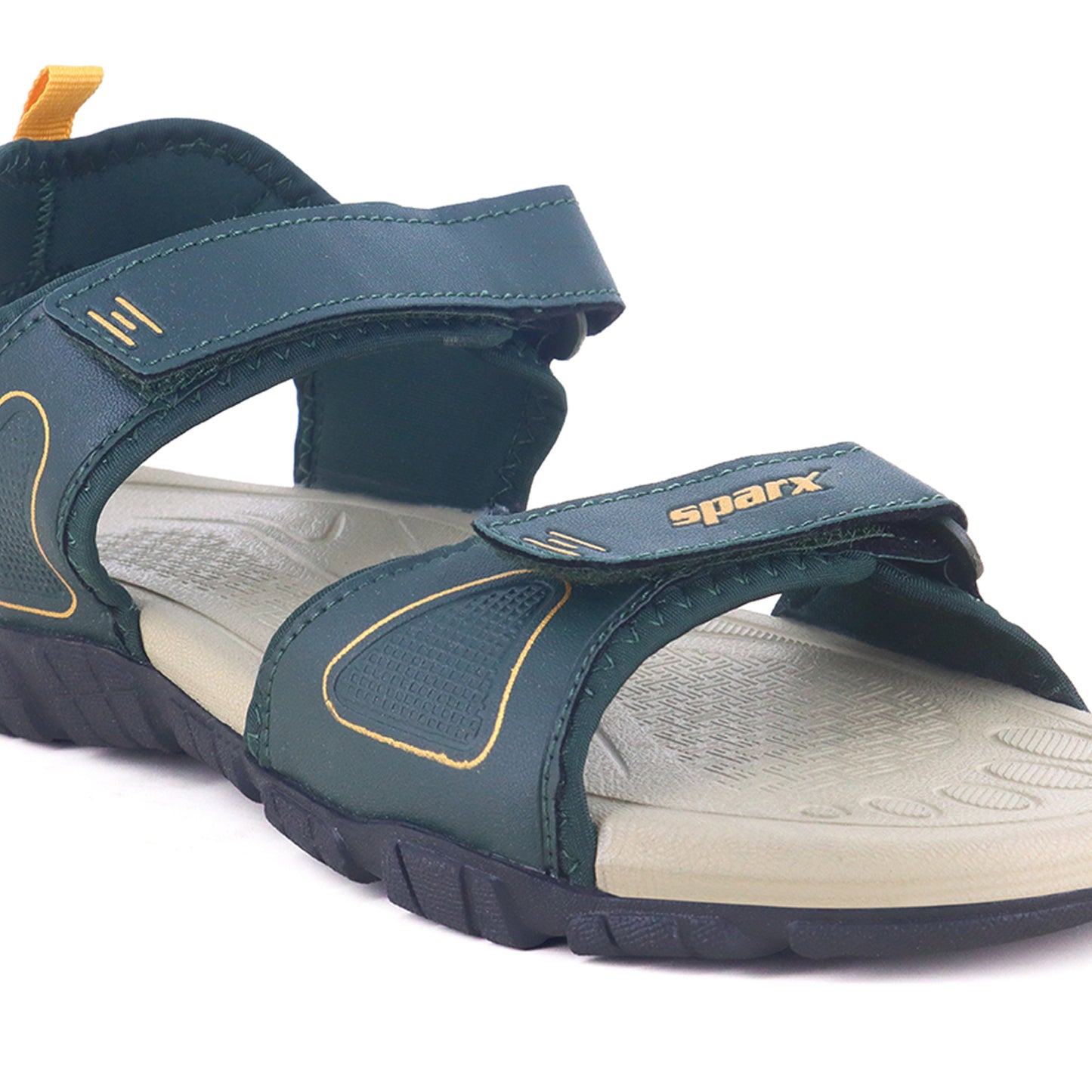 Sparx front size image from right side Image of Beautiful and attractive Sandals for Men with white background and clear visibility.  With Yellow X (Sparx) logo visible on it. 