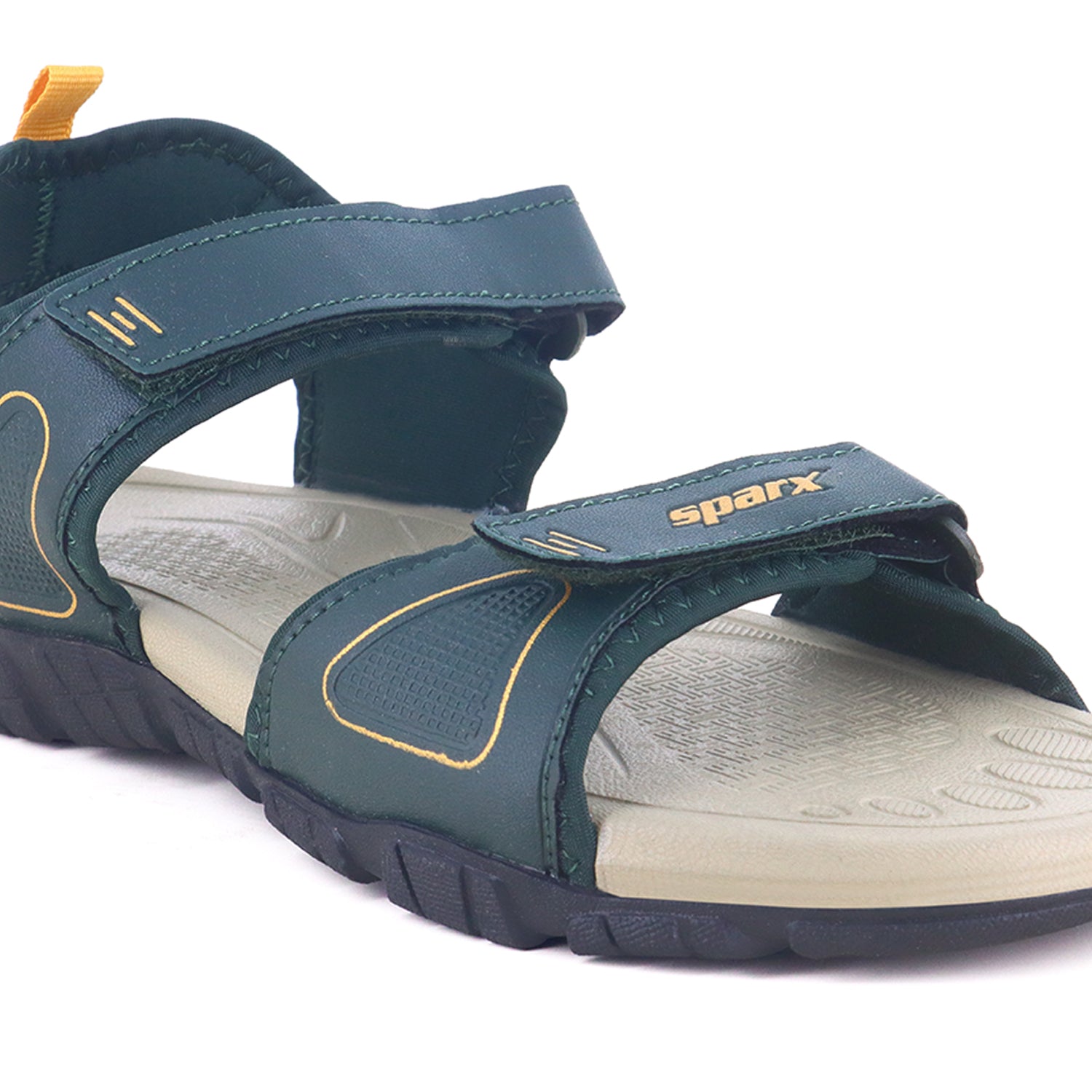 Sparx front size image from right side Image of Beautiful and attractive Sandals for Men with white background and clear visibility.  With Yellow X (Sparx) logo visible on it. 
