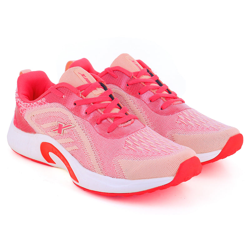 Sparx side one by one Image of women's athletic shoe in shades of pink and coral, with a white sole and a prominent "X" logo on the side. By Sparx and white background available.