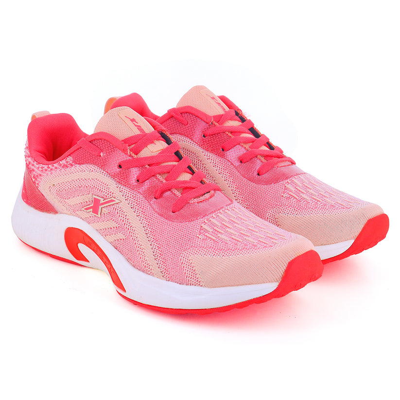 Sparx side one by one Image of women's athletic shoe in shades of pink and coral, with a white sole and a prominent "X" logo on the side. By Sparx and white background available.