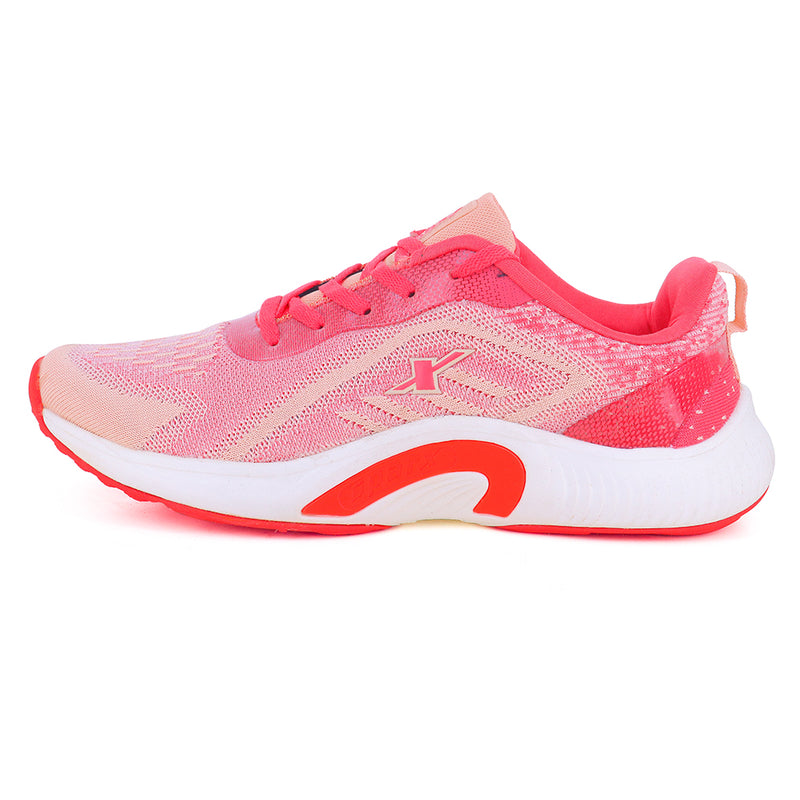 Left side detailed mesh Image of women's athletic shoe in shades of pink and coral, with a white sole and a prominent "X" logo on the side. By Sparx and white background available.