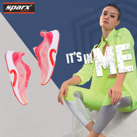 Side by side with model Image of women's athletic shoe in shades of pink and coral, with a white sole and a prominent "X" logo on the side. By Sparx and white background available.