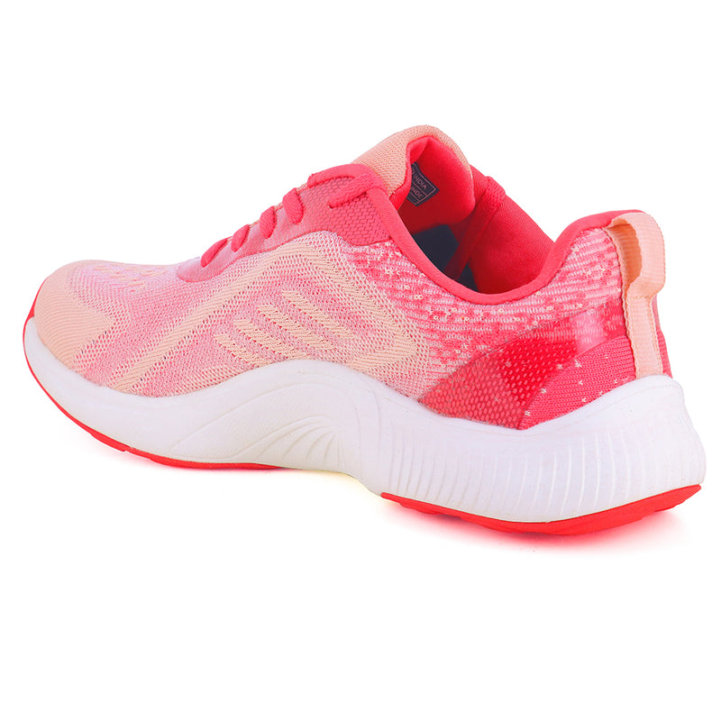 Back side left zoom Image of women's athletic shoe in shades of pink and coral, with a white sole and a prominent "X" logo on the side. By Sparx and white background available.