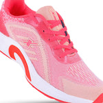 Zoom right side Image of women's athletic shoe in shades of pink and coral, with a white sole and a prominent "X" logo on the side. By Sparx and white background available.