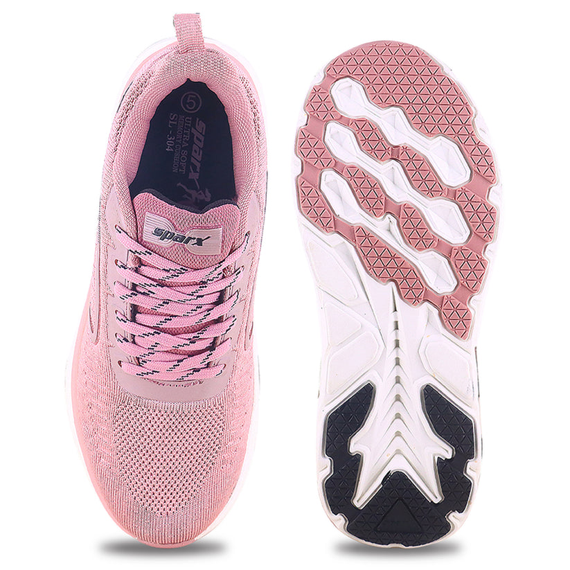 Beautiful image of pink shoes for women by Sparx available in different colors and the bottom is white and also the non slip material used in the bottom. 