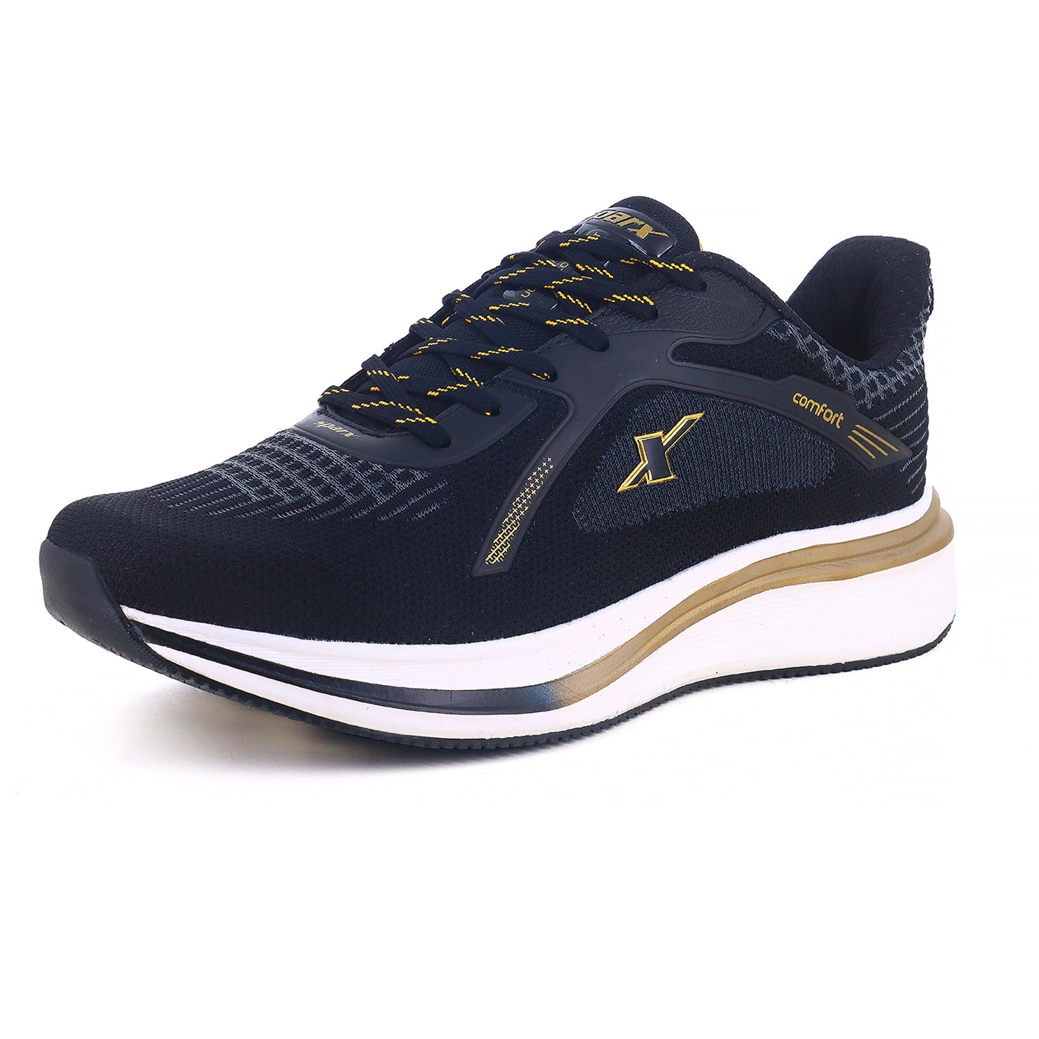 Sparx by Relaxo Black and gold sports running shoes with cushioned white sole and breathable mesh upper, designed for comfort and everyday athletic performance.