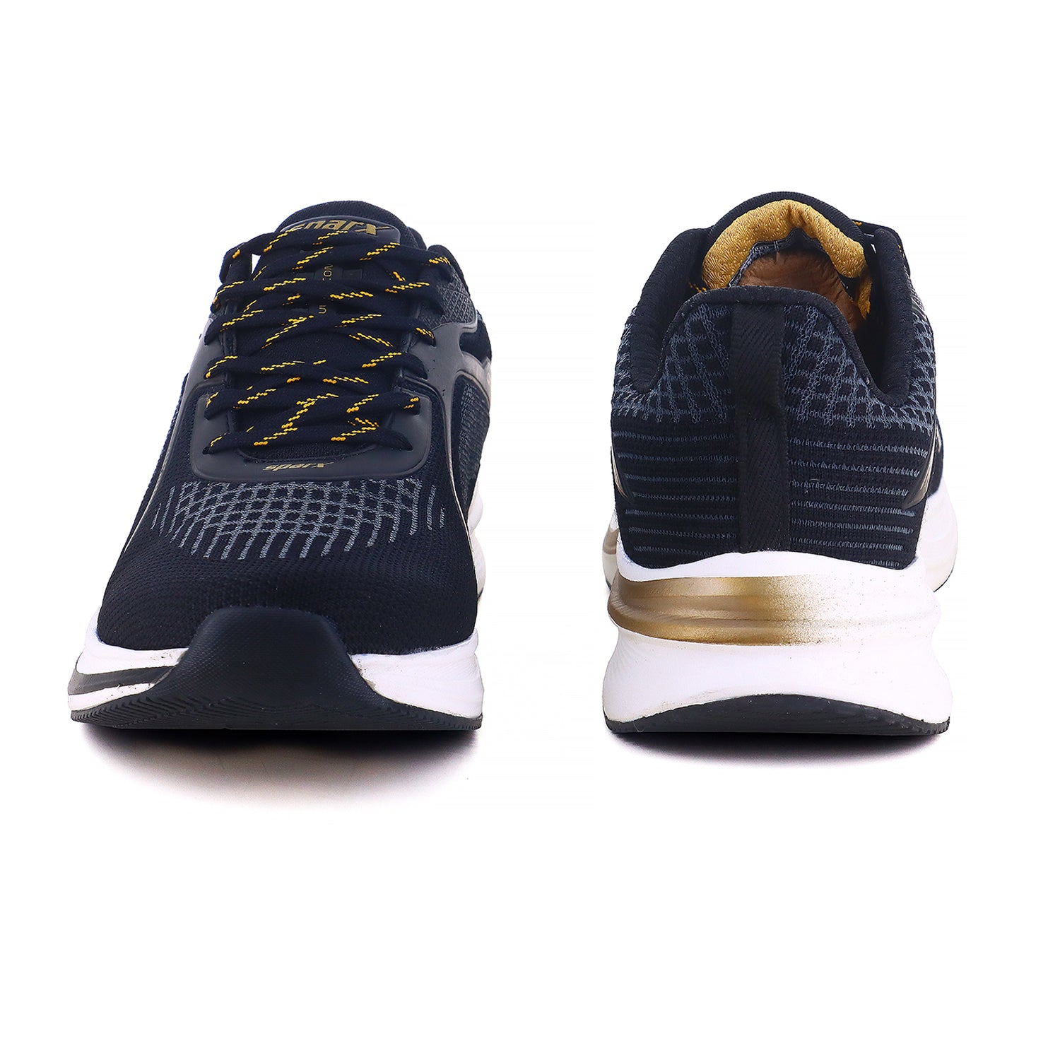 side by side two image front and back side Sparx by Relaxo Black and gold sports running shoes with cushioned white sole and breathable mesh upper.