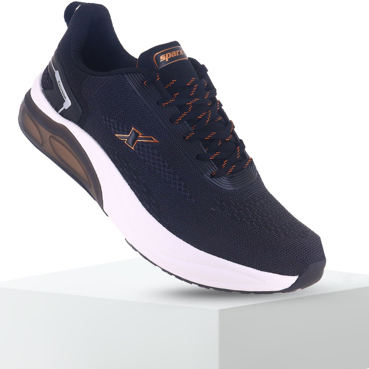 High lift image from backside, Image of Athleisure Shoes for Men with white background and shadow, the shoes are perfect for everyday wear as the cushioning is visible in the image itself. 