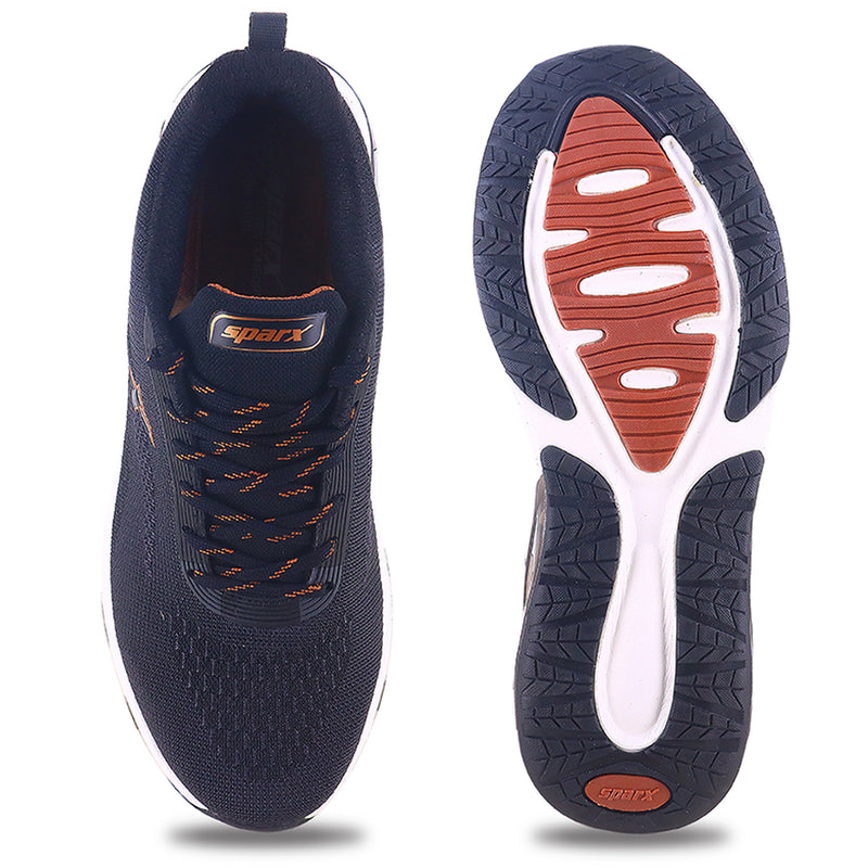 Upper and bottom image of sparx shoes for men witih logo of sparx visible in the bottom and can be visible easily with white background