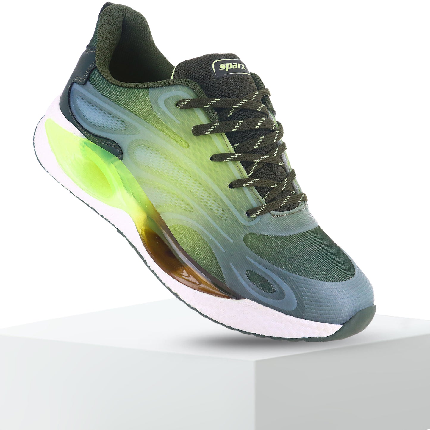Athleisure Shoes for Men in green colour available with back side up and front down at the end. For more information, find the relevant details in the product info. White background is also visible. 