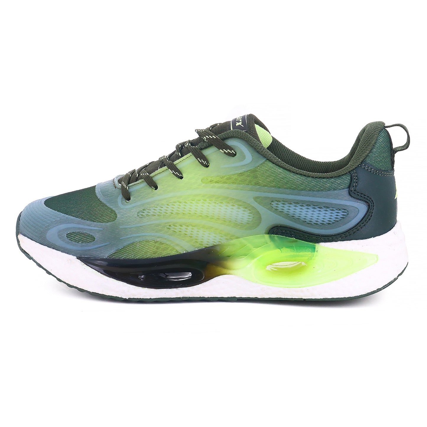 Athleisure Shoes for Men available in green color. The shoes with white background. 