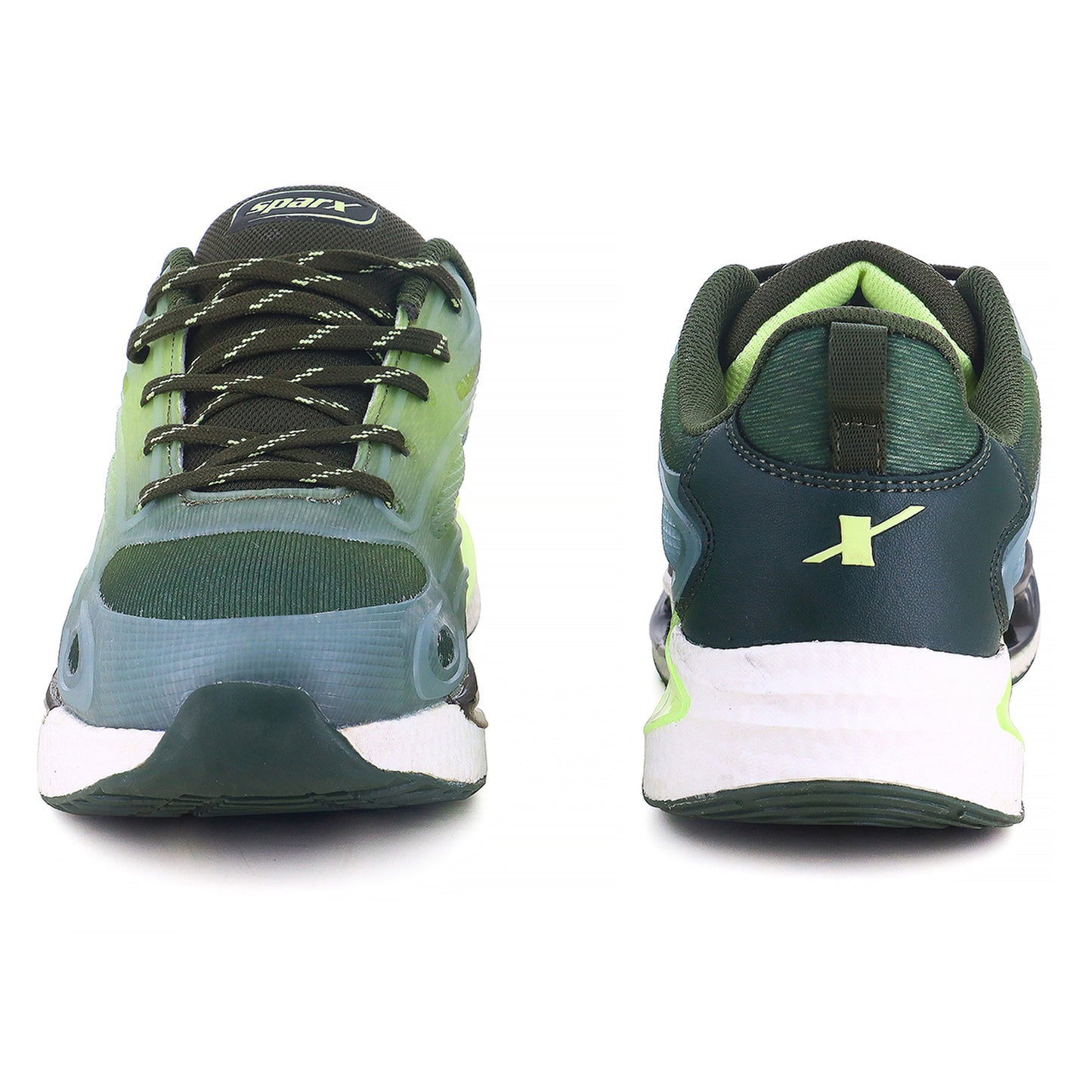 Front and background image of Athleisure Shoes for Men available in green color. The shoes with white background. 