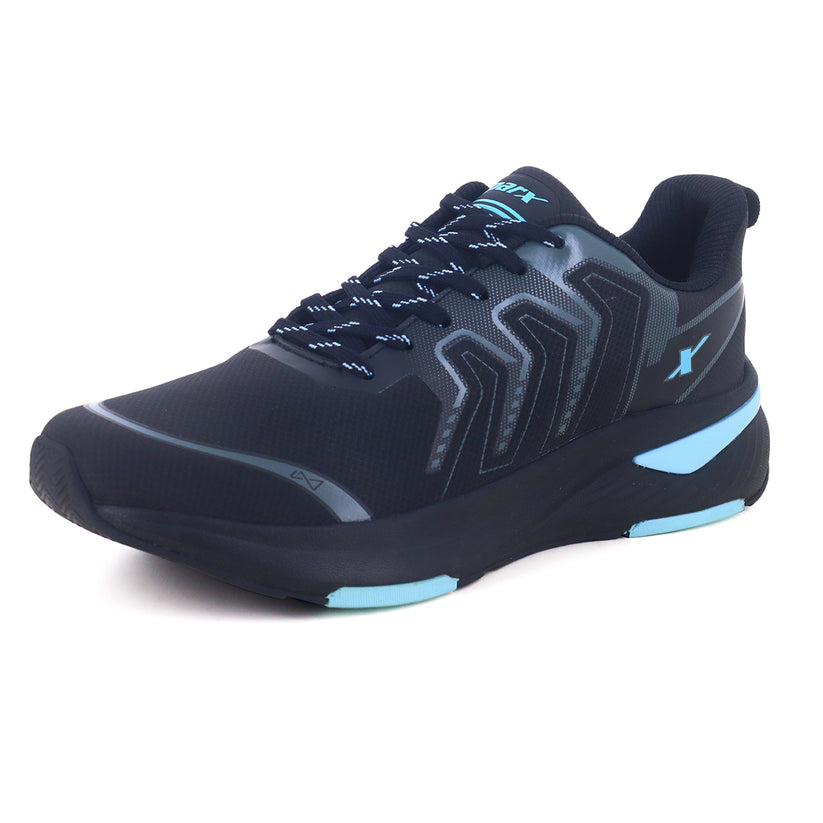 Black and sage green Sparx running shoe front side view
